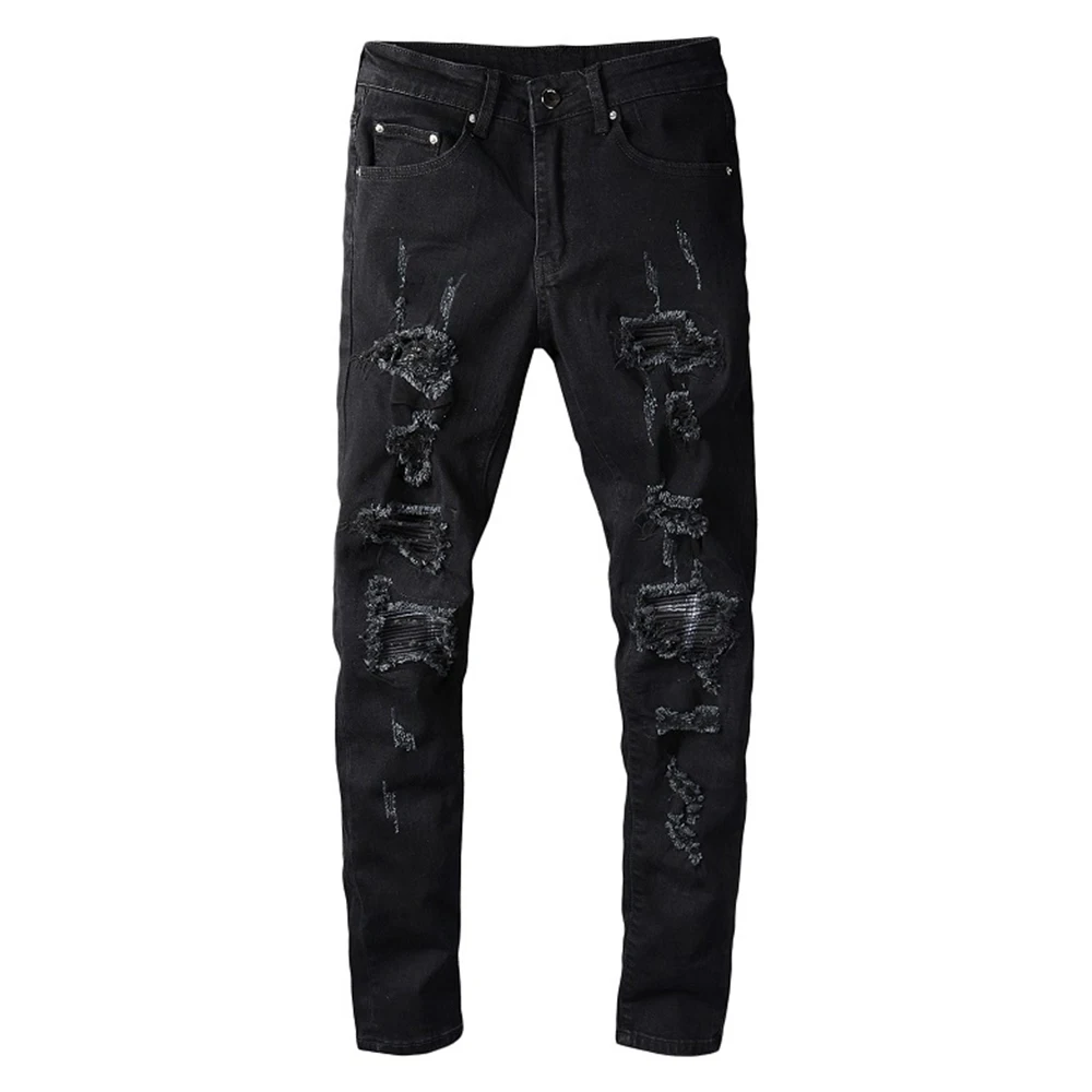 

Gzdeerax мужские черные рваные байкерские джинсы Уличная одежда облегающие лоскутные плиссированные Стрейчевые джинсовые брюки