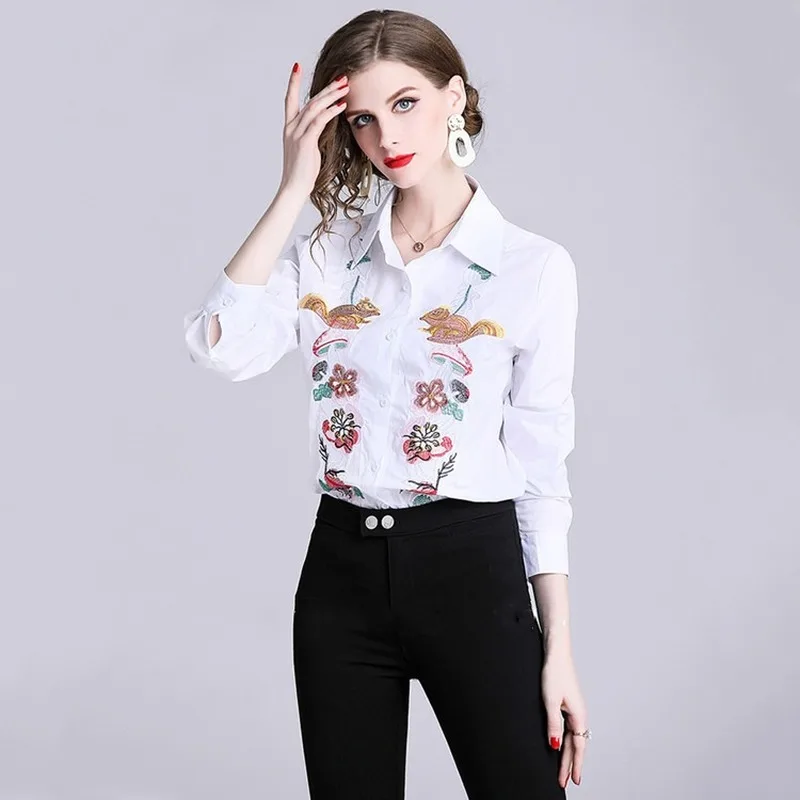 Женские топы и блузки белая Офисная Женская одежда с вышивкой отложным