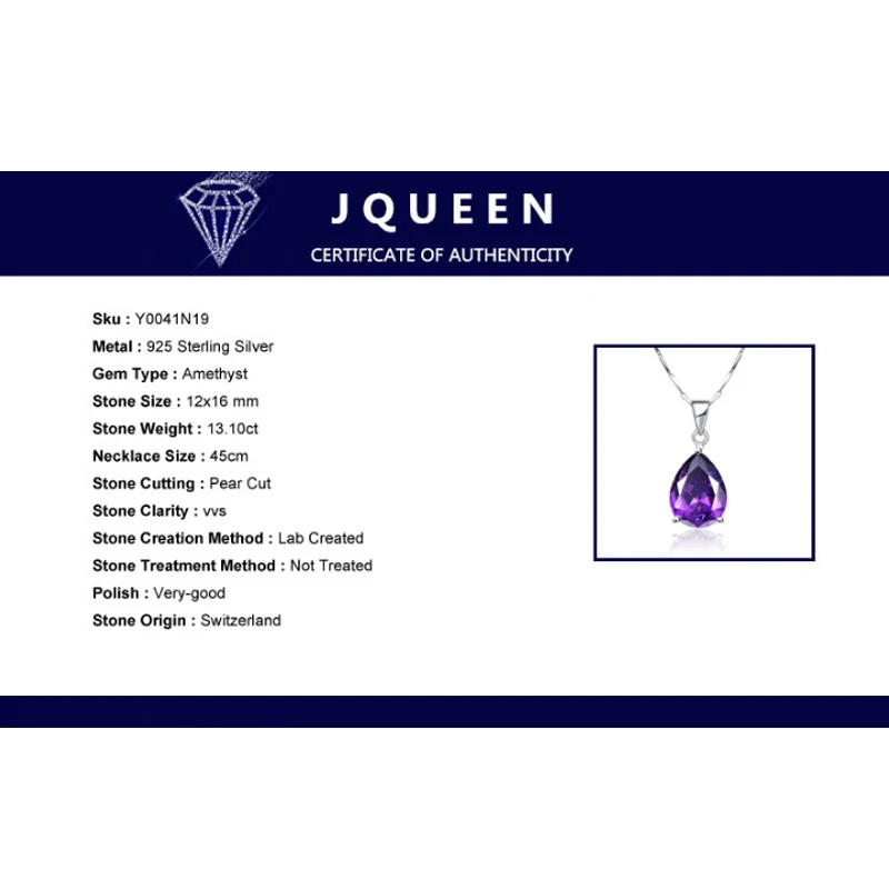 

JQUEEN Wholesale 925 Sterling Silver Jewelry Pearl Cut Waterdrop Amethyst Pendant Necklace for Women's Clothing & Accessories