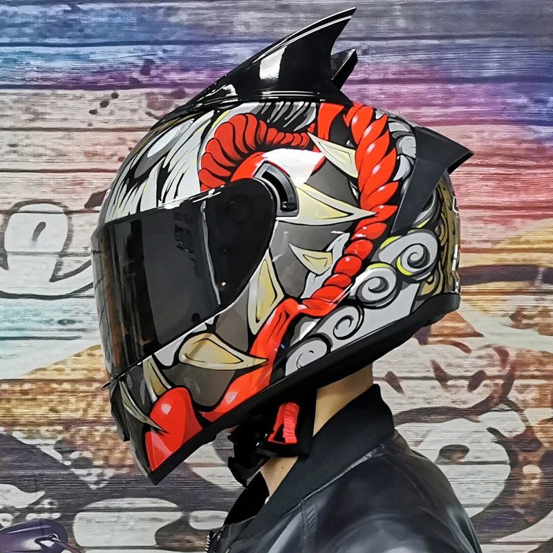 

Helmet Motorcycle Full Face Double Lens Racing Casco Men Women ATV Red Wing Pattern with Horn Enduro Capacete De Moto