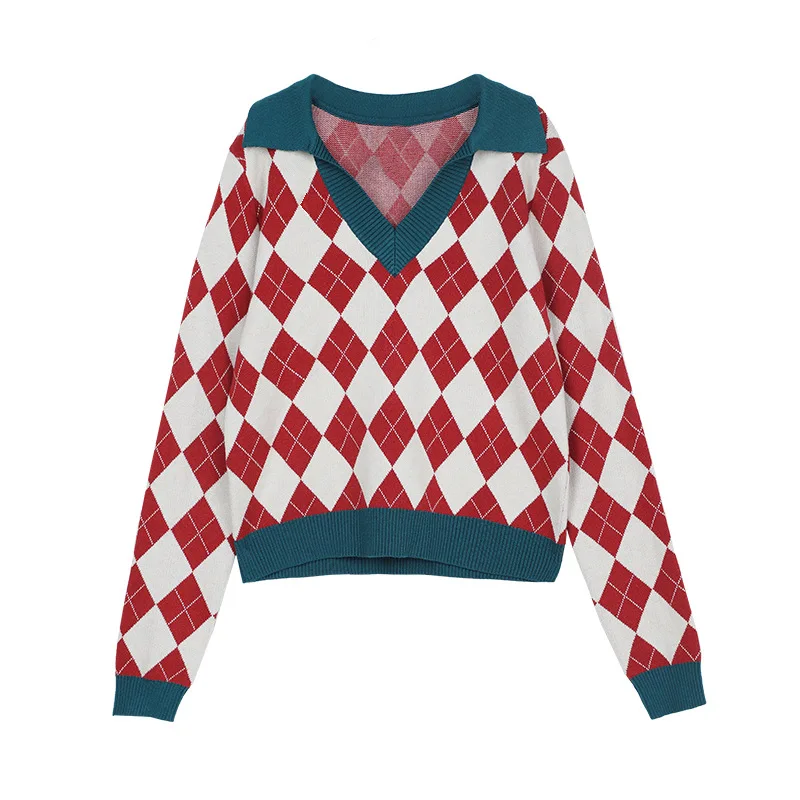 

Luxury Brand Plaid Vintage Womens Sweater Pullovers Tops Shirts 2020 Autumn New V-Neck Long Sleeve Elegant Female Knitted Shirts
