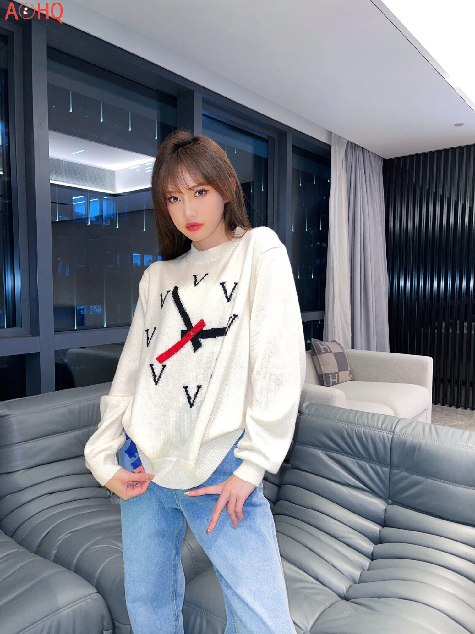 

2021 High-End Luxury Spring Autumn Brand New Design Clock Hour Hand Embroidery Pullover Wool Sweater For Women Tops 33365