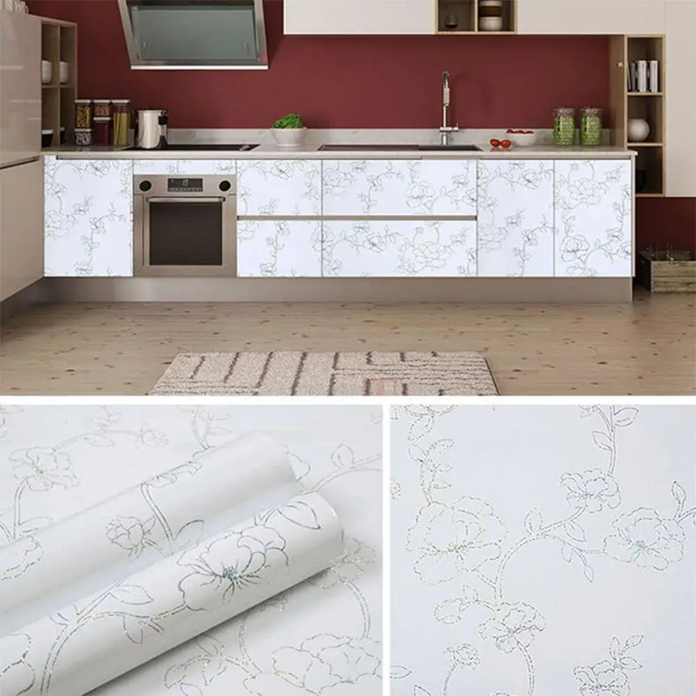 

yazi Waterproof Self Adhesive White Kitchen Wallpaper Sticker Roll PVC Furniture Cabinet Desktop Decorative Wallpaper Floral