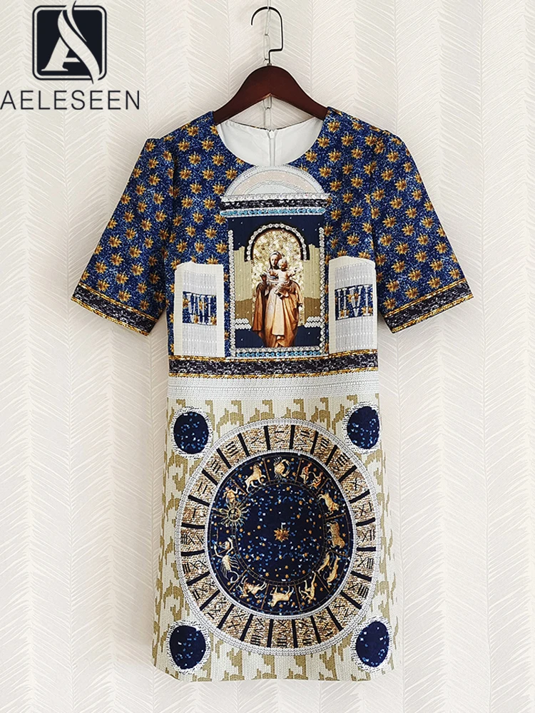 

AELESEEN Designer Fashion Women Summer Dress 2022 Vintage Ethnic Print Beading Sequined Diamonds A-line Mini Casual Vestidos