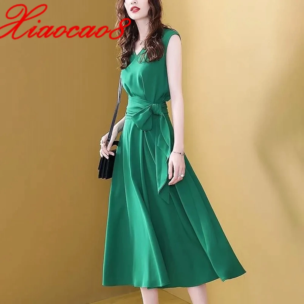 

Женское шифоновое платье без рукавов, зеленое ТРАПЕЦИЕВИДНОЕ ПЛАТЬЕ с поясом, Одежда большого размера 3XL, лето 2021