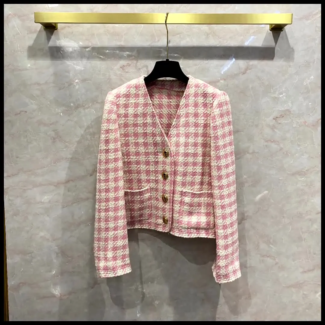 

Spring Korean Style Women's High Quality V-neck Plaid Tweed Jackets Sweet Short Coat C823