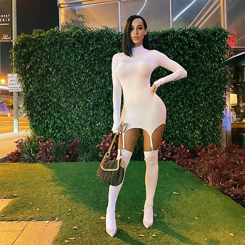 

Autumn long Sleeve Turtleneck Long Sleeve White Black Mini Dress Sexy Hook Socks Bodycon Fitness Dresses Club Party Dresses