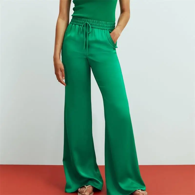 

MESTTRAF Women 2021 Fashion Side Pockets Loose Wide Leg Pants Vintage High Elastic Waist Drawstring Female Trousers Streetwear