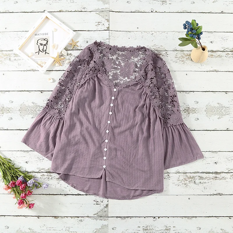 

New Spring Summer Women Blouses Lace Chiffon Hollow Out V-Neck Lace Shirts Flare Sleeve Loose Women Casual Shirts Blusas Mujer