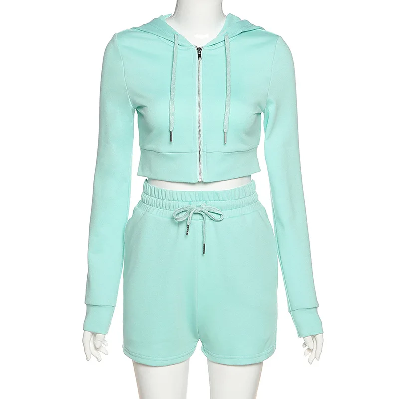 

Hooded Cardigan 2 Pce Sets Casual Suit Tracksuit Women Biker Shorts Set Short Tops High Waist Shorts Two Piece Set Women Outfits