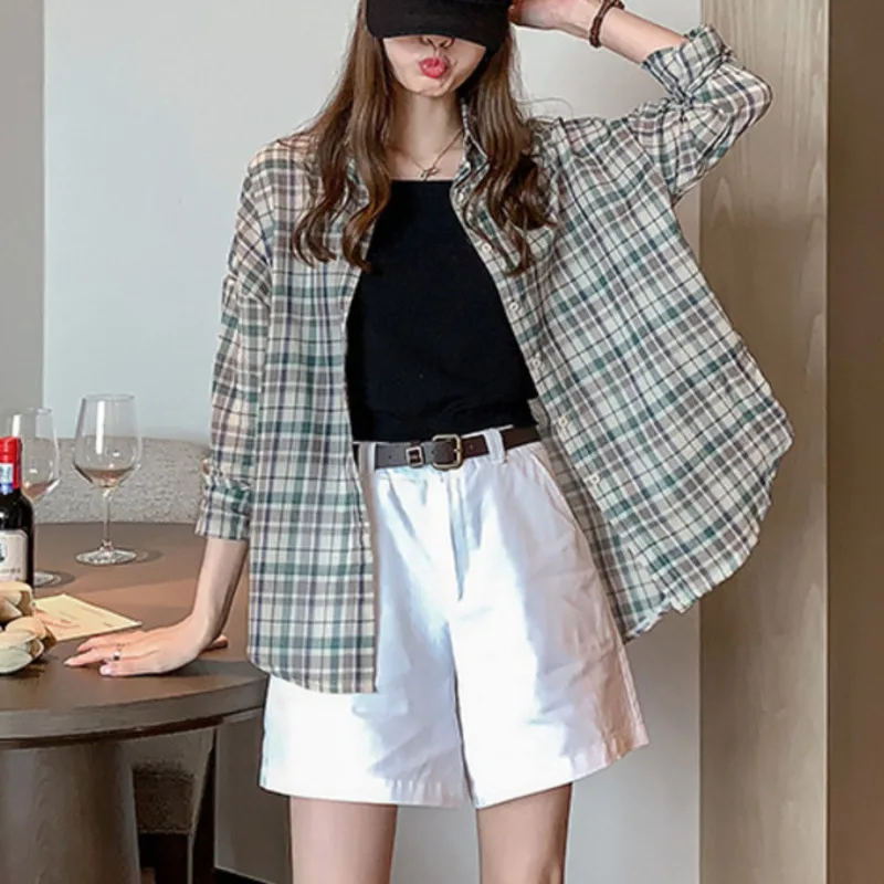 Блузка XFPV Женская в клетку шикарная свободная однобортная рубашка с длинным