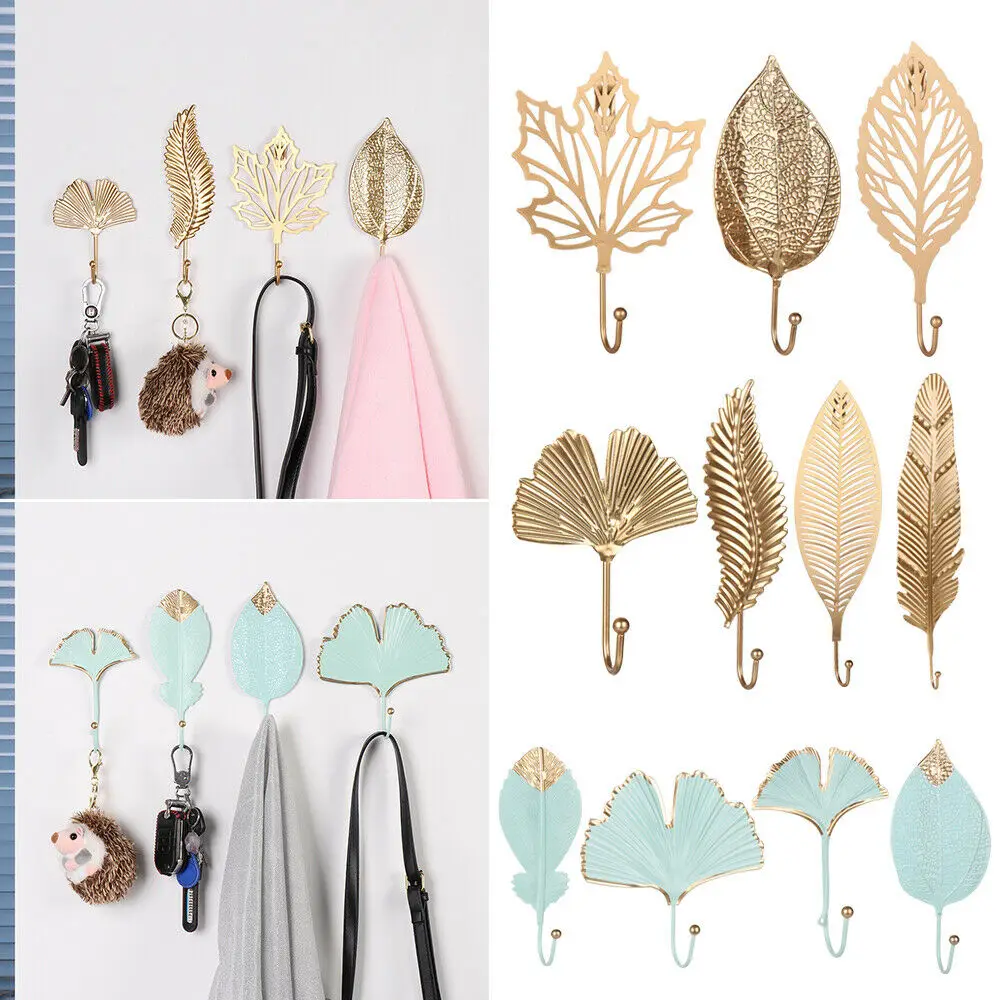 

1Pc Nordic Style Gold/Green Leaf Shape Wrought Iron Hook Wall Hanger Hanging Storage Rack For Towel Clothes Home Organization