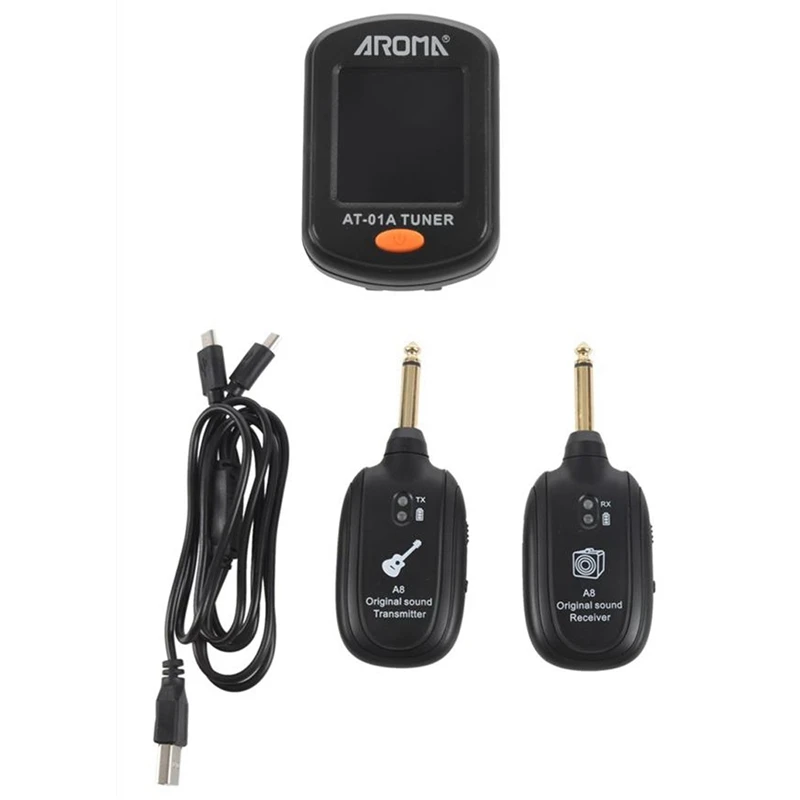 

AROMA UHF Guitar Wireless System Transmitter Receiver Built-in Rechargeable and Aroma At-01A Guitar Display