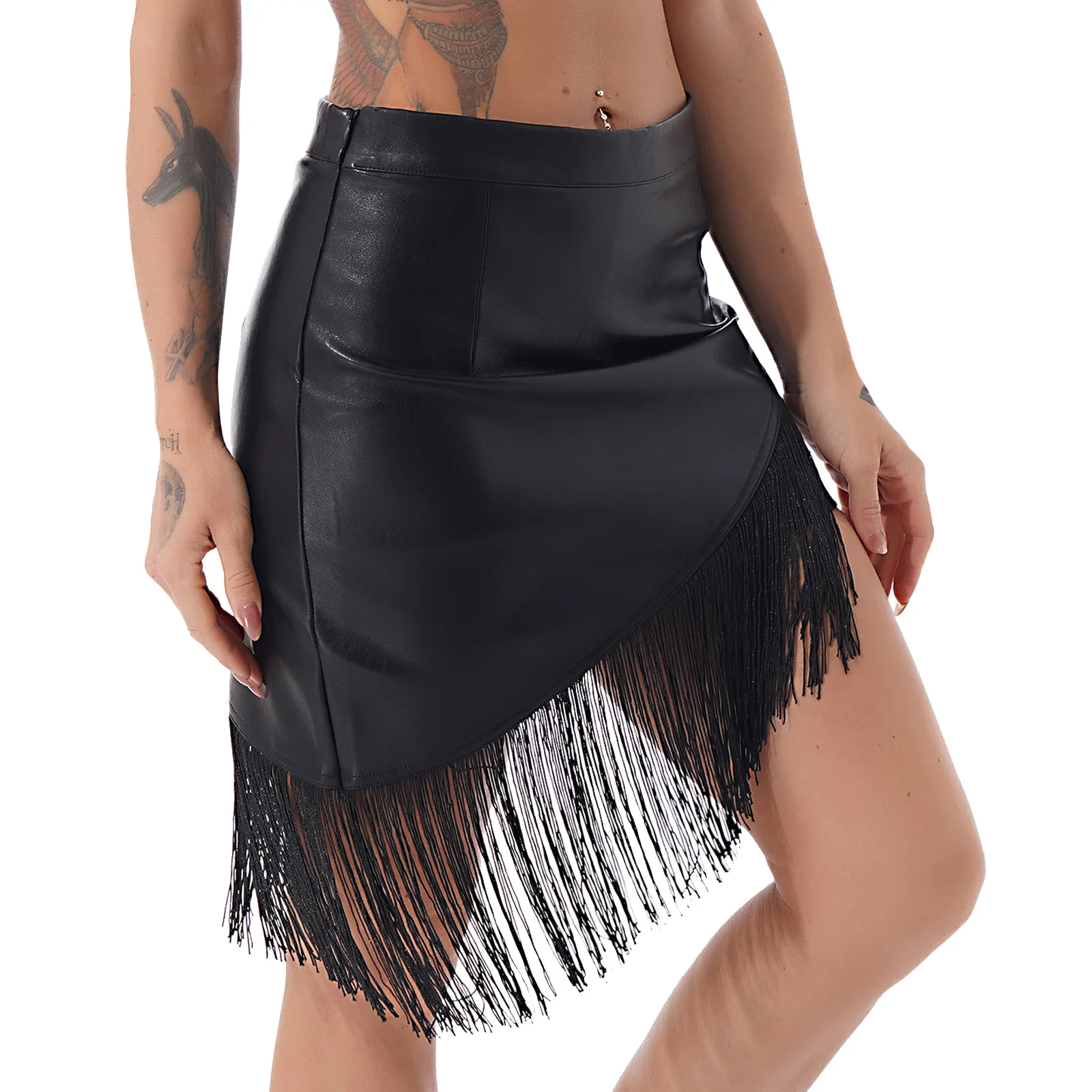 

Womens Fashion Asymmetric Hem Skirts Wetlook Faux Leather Skirt Ladies High Waist Zipper Fringed Miniskirt For Pole Dancing Club