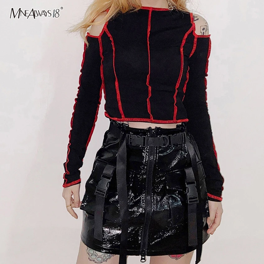 Mnealways18 тонкая футболка с открытыми плечами Женская хлопковая укороченная зимняя