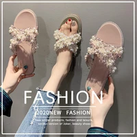 summer new leisure fashion slippers women string bead square heel flat outer wear slides drag breathable beautiful non slip shoe