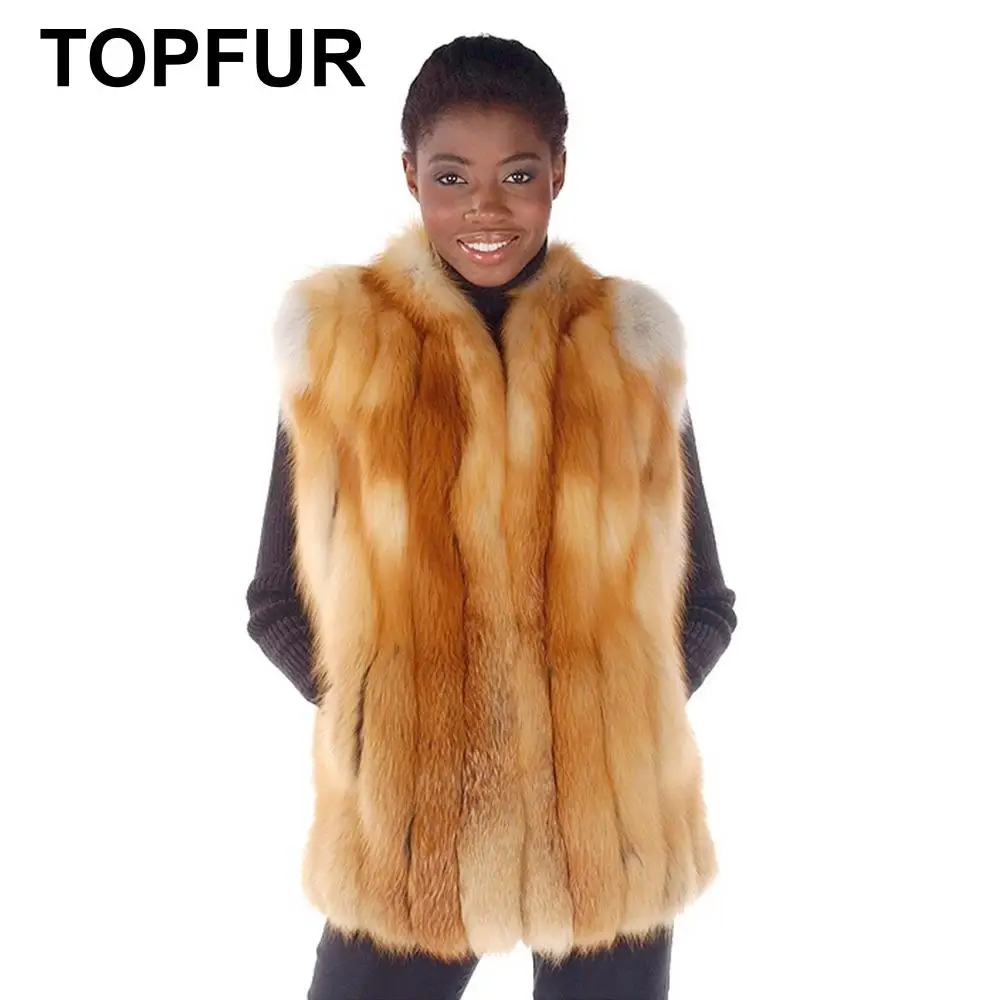 Модный зимний женский жилет из натурального меха красный лисьего без рукавов с