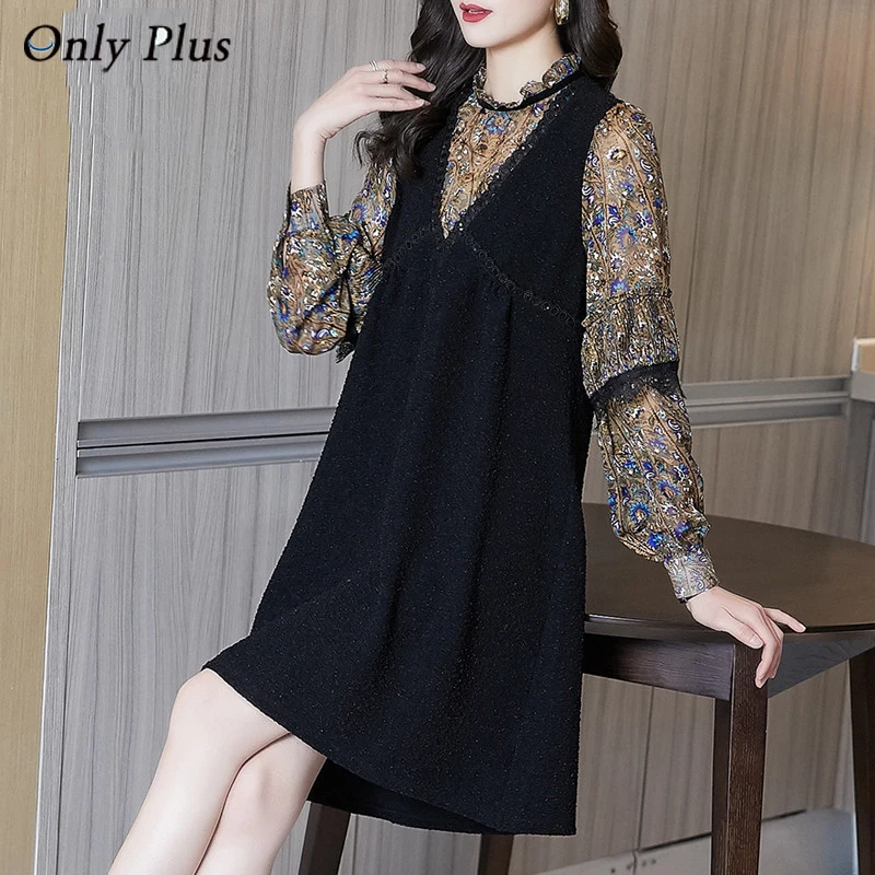 

Осеннее черное кружевное платье EVNISI, Цветочные Лоскутные платья, женские французские свободные платья-трапеции с оборками и имитацией двух...