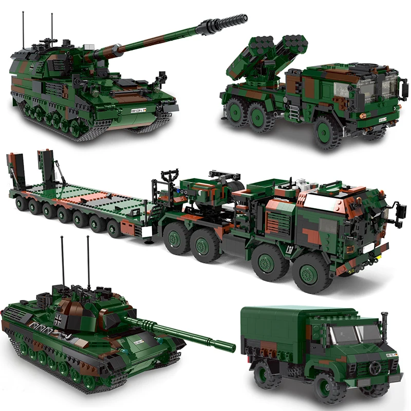 

The Military high-tech Weapon Army German Leopard 1 PZH2000 Cannon Lars-2 Rocket Armored Car Building Blocks WW2 Bricks Toys