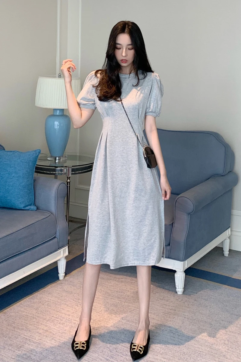 

COIGARSAM Women dress Puff Sleeve O-Neck High Waist Dresses Black Gray 36993