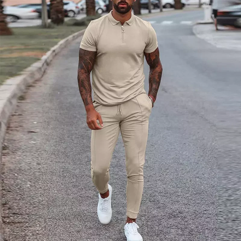 

Summer Men Turn-Down Collar Zipper Tops Men Set Suit Casual Streetwear Two Piece Short Sleeve Pants Sets Leisure Men Shirt Track