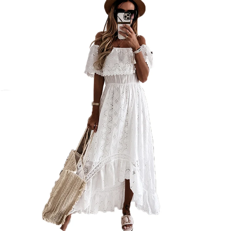 

Women Embroidery Lace Hollow Out Party Dress Lady Summer Sexy Off Shoulder Irregular Long Dress Casual Autumn Ruffle White Dress
