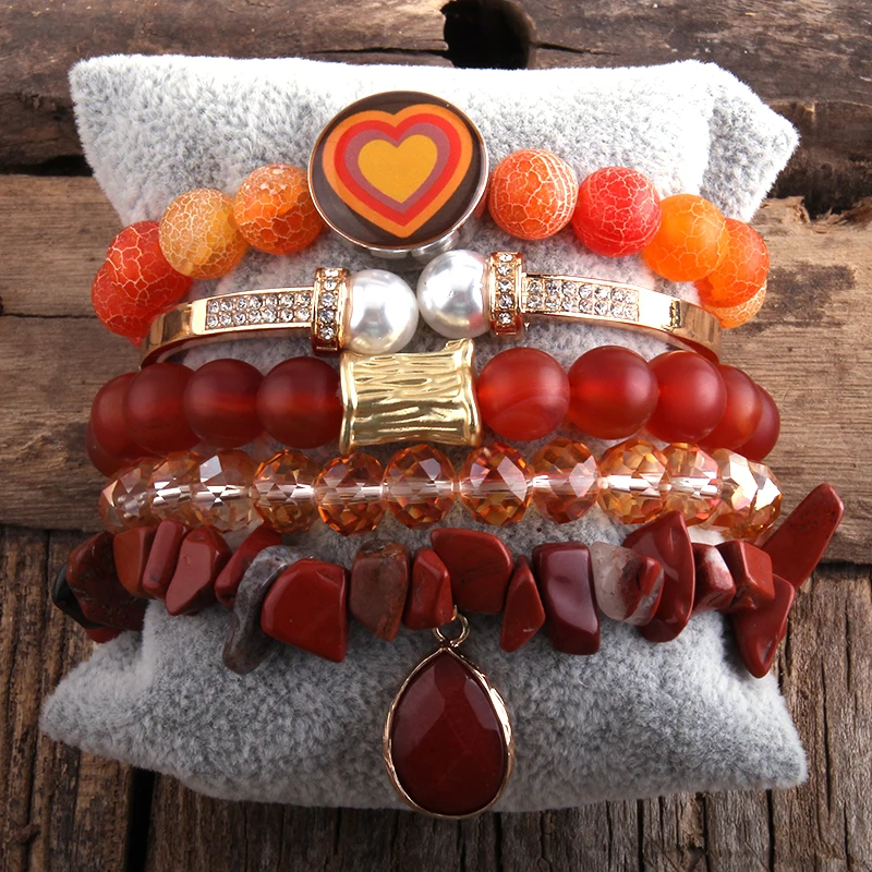 

MD Fashion Semi Precious Stone Beaded Bracelet Bangle Set 5pc Multi Shapes Stone Bracelets Sets For Women jewelry