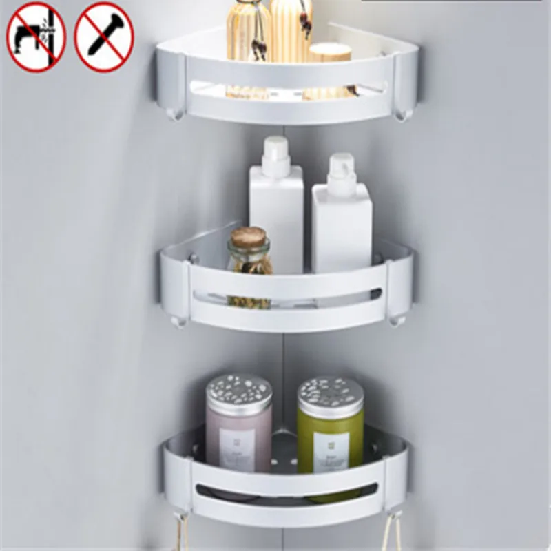 Silver three-tier Дырокол-свободная полка ванной ванная угол Угловые настенные черное пространство алюминиевый для хранения ванной комнаты - Цвет: Silver three-tier