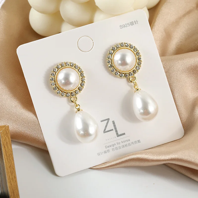 

Round Pearl Geometry Long Crystal Pendant Earrings Women's 2021 New Fashion Korean Style Elegant Temperament Retro Lady Jewelry