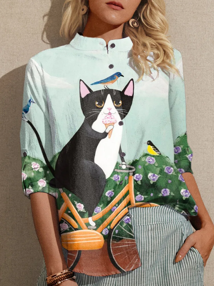 

Spring Casual Cat Print Stand Collar Women Shirts Autumn Plus Size Single-Breasted Landscape Long Sleeve Loose Blouses