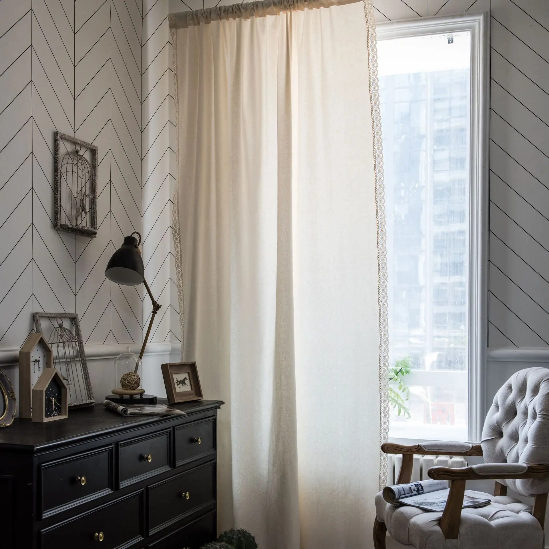 

European Vintage White Lace Cotton Linen Fabric Kitchen Curtain Semi Shading Bay Window Living Room Curtain Home Decoration