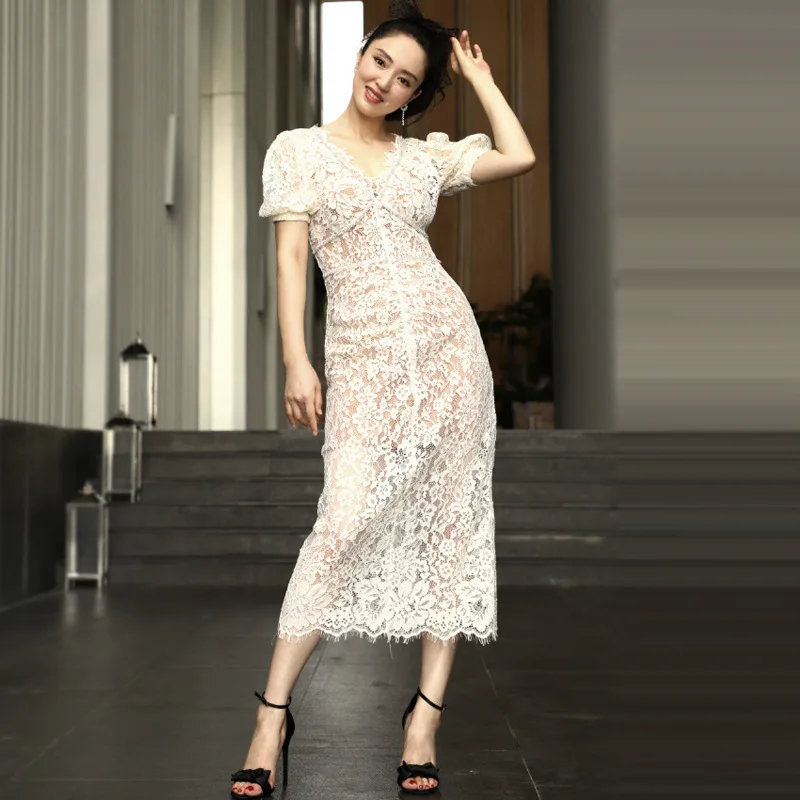 

Sexy Lace V-Neck Woman Summer Puff Sleeve Slim Wrap Evening Dress Female Brand High Version Elegant Dress Ladies Dresses ML155