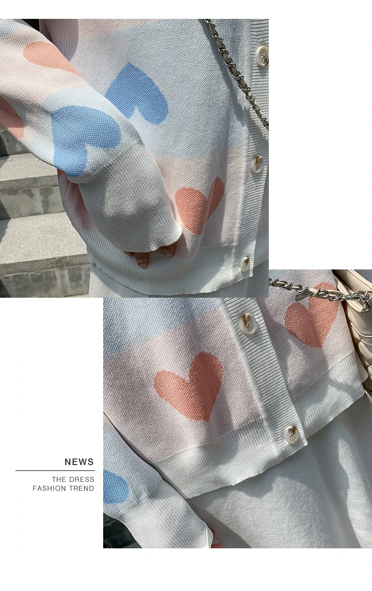 Autumn Winter Women Elegant Love Heart Knitted Cardigan Sweater+High Waist A-Line Skirt 2 Piece Set Loose Knitted Midi Dress Set