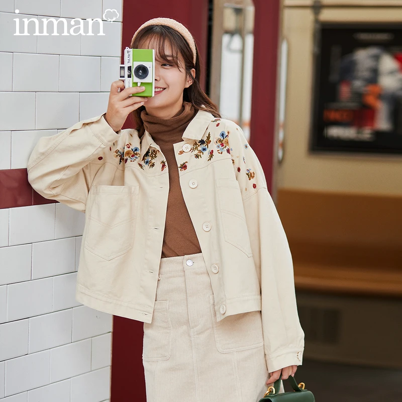 INMAN/осенне зимняя женская короткая куртка с вышивкой и длинными рукавами