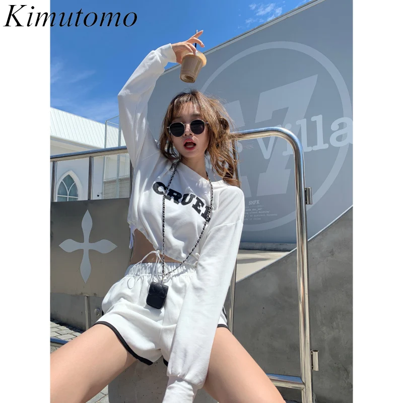 

Kimutomo Women Sets 2021 Autumn Korean Elegant Temperament Ladies Solid Color Thin Letter Short Top Casual Shorts Two-Piece