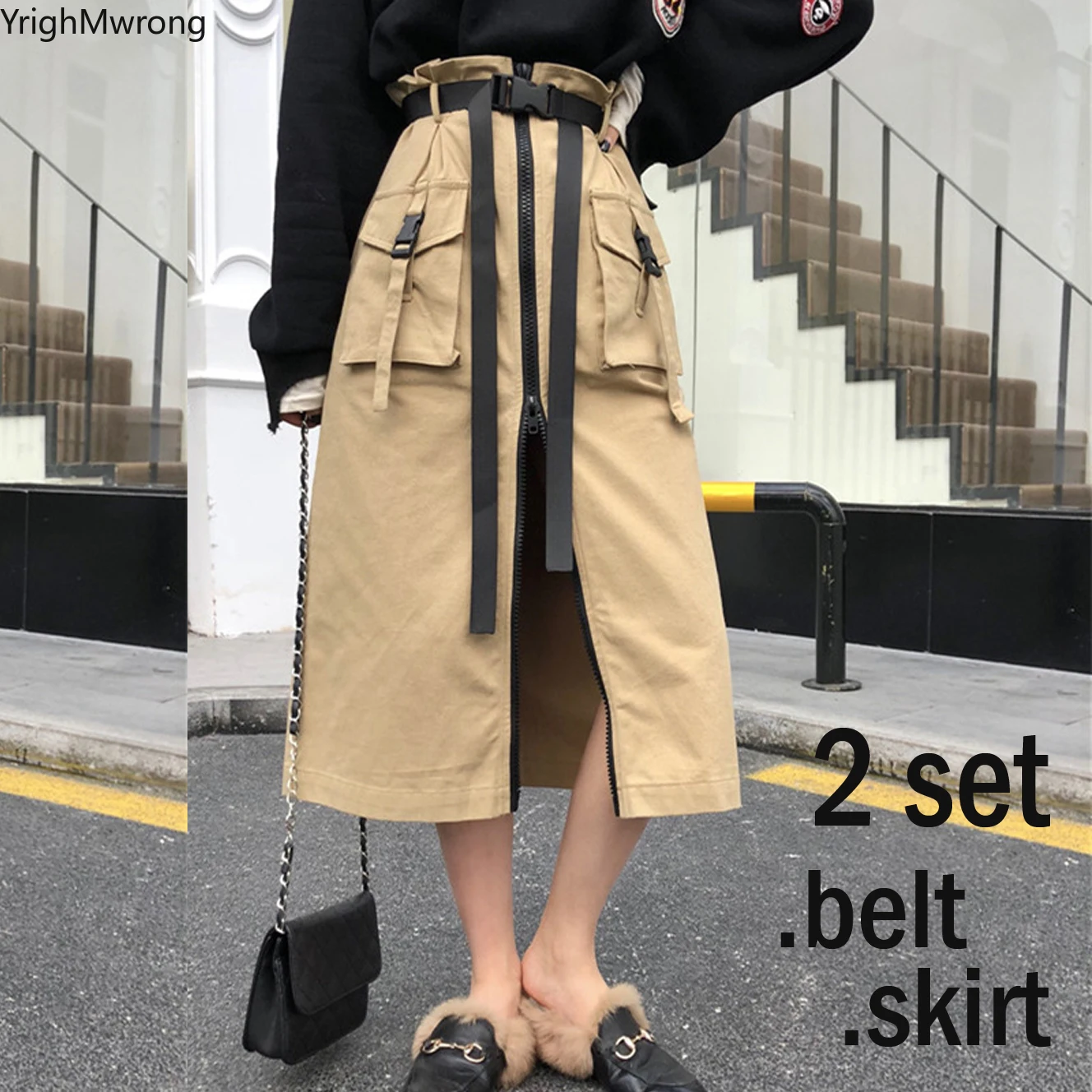 Женское трикотажное платье с завышенной талией карманами на молнии|Женские юбки|