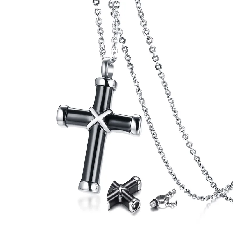 

BLACK WRAPPED CROSS PENDANT FOR ASHES NECKLACE URN OPEN JEWELLERY KEEPSAKE ASH