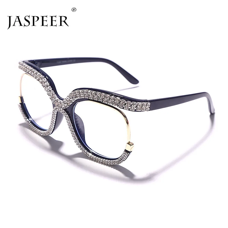 JASPEER Retro Square Optical Glasses Frames Men Women Crystal Luxury Glasses Clear Lens Eyeglasses Frame Diamond Eyewear