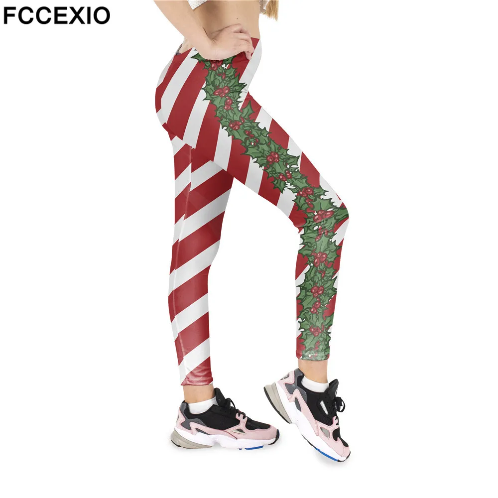 

FCCEXIO Christmas Leggings Women Santa Claus Leggins Candy Cane Print High Stretch Pants Xmas Autumn Winter Milk Silk Legging