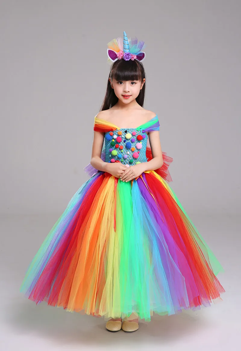 Пышное Платье для девочек с единорогом радужной расцветки | Детская одежда и