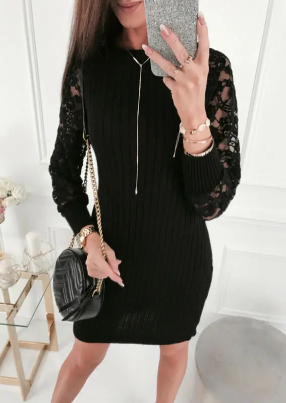 Женское сексуальное кружевное черное платье с открытой спиной и длинным рукавом