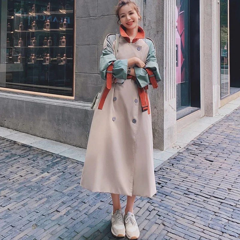 

Женский двубортный тренчкот с поясом, свободная ветровка контрастных цветов, осень 2021