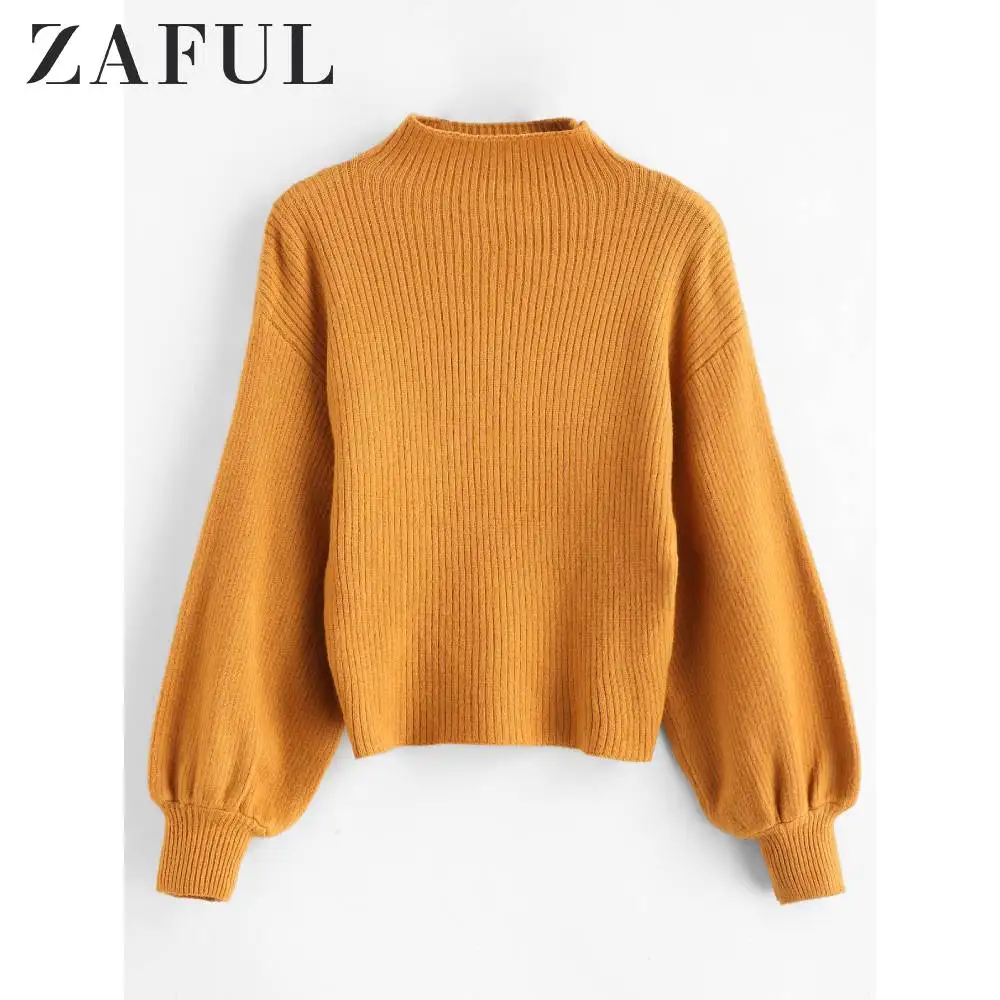 ZAFUL Ribbed Funnel Collar Sweater Bubble Sleeve Basic Slim Pullovers Autumn Winter Women Tops Sweet Daily Casual Wearing 2019 | Женская