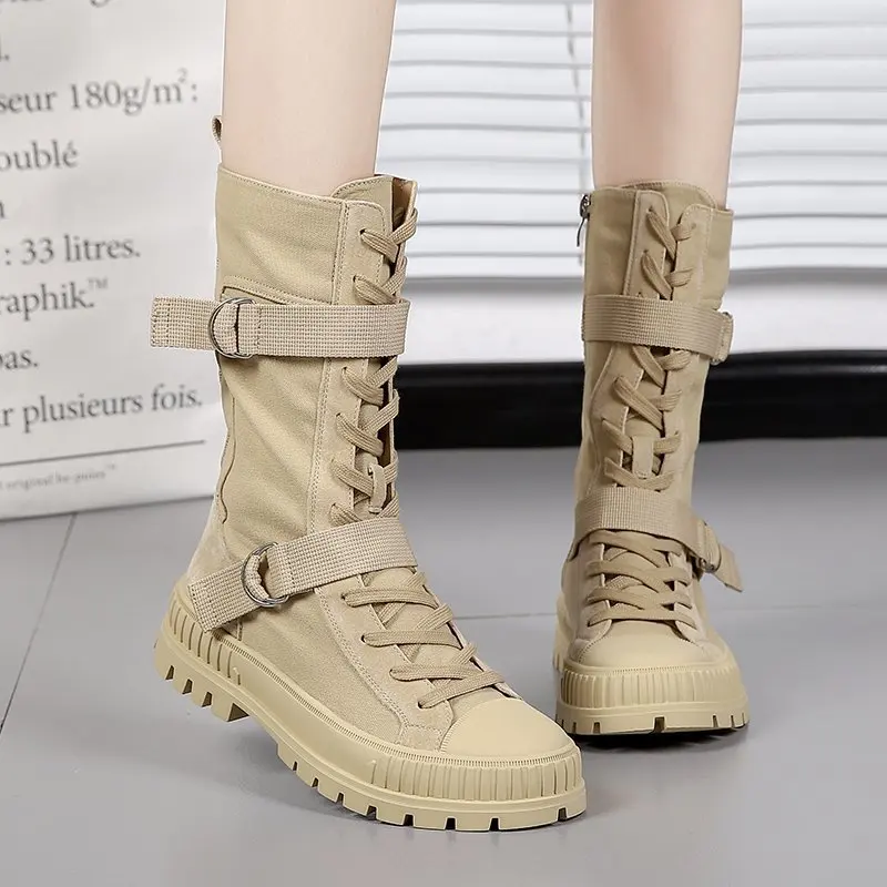 

ELLALEE Mid-calf Women Boots Round Toe Canvas Zipper Plarform Cross-tied Female Spring/antumn All-match Comfort Shoes
