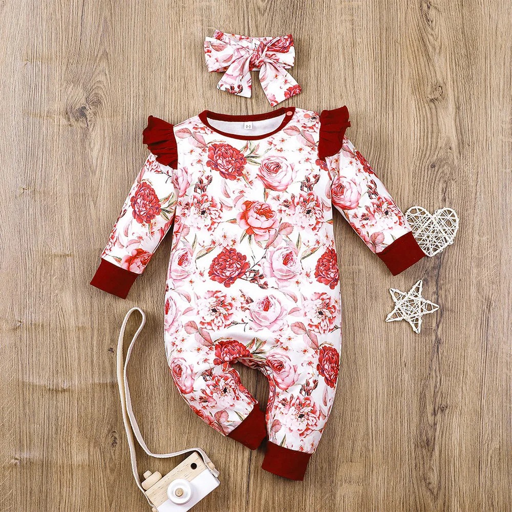 

Newborn Baby Girls Floral Print Romper Infant Long Sleeve Ruffle Jumpsuit Newborn Outfits Clothes Headband Set 0-12M 2PCS D30