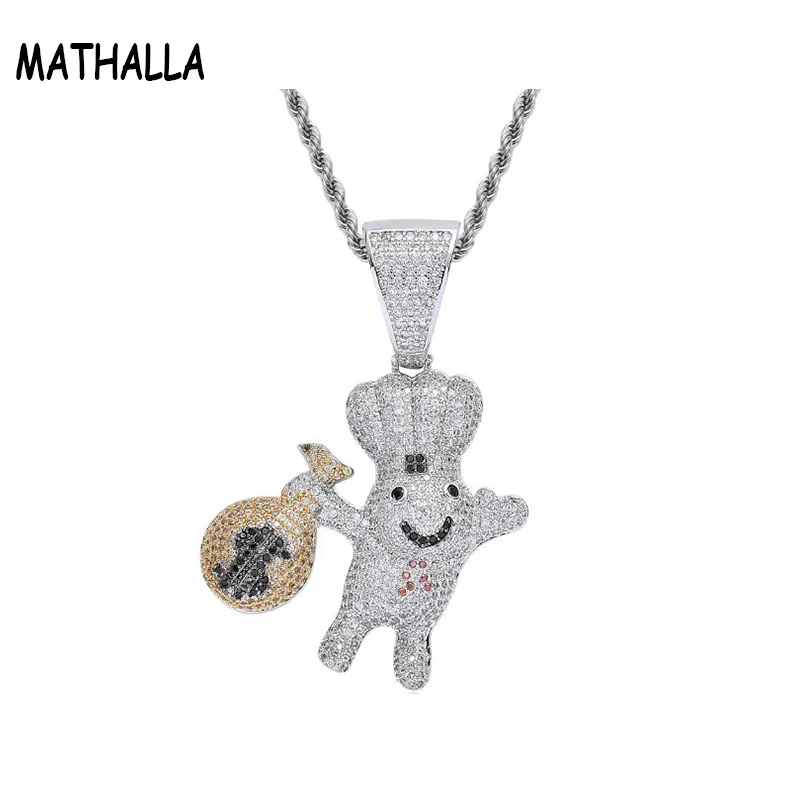 

MATHALLA Hip Hop AAA CZ Zircon Paved Bling Iced Out Silver US Dollar Money Bag Purse Doll Pendants Necklace for Jewelry Gift