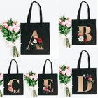 Холщовая Сумка-тоут для покупок с цветочными буквами A B C D E F G, Повседневная сумка-шоппер с цветами большой емкости, сумки через плечо в стиле Харадзюку