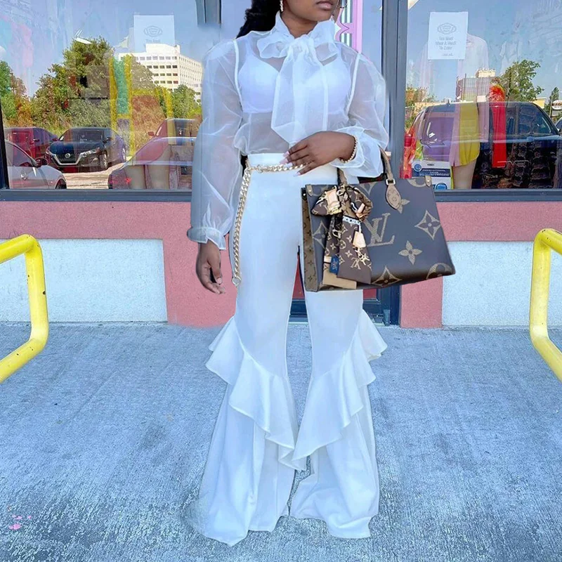 

Office Lady Fashion Sexy See-Through Mesh Blouse Outfits Elegant Ruffle Flare Pants Suits Summer Women Bowknot Shirt 2 Piece Set