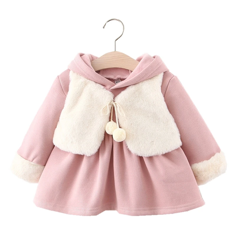 Утепленное бархатное платье с капюшоном для маленьких девочек меховой жилет из искусственного меха комплект из 2 предметов зимние теплые хлопковые платья с заячьими ушками для новорожденных