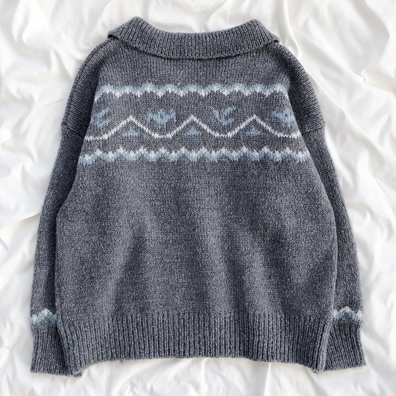 

Winter wave contrast color jacquard turn-down collar loose thick warm sweater